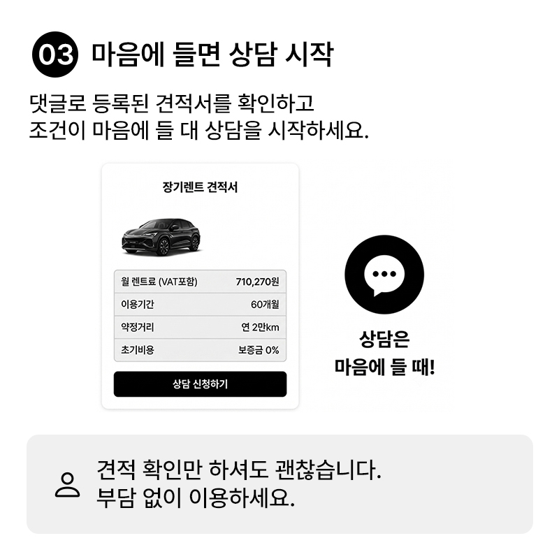 03 마음에 들면 상담 시작 - 댓글로 등록된 견적서를 확인하고 조건이 마음에 들 때 상담을 시작하세요